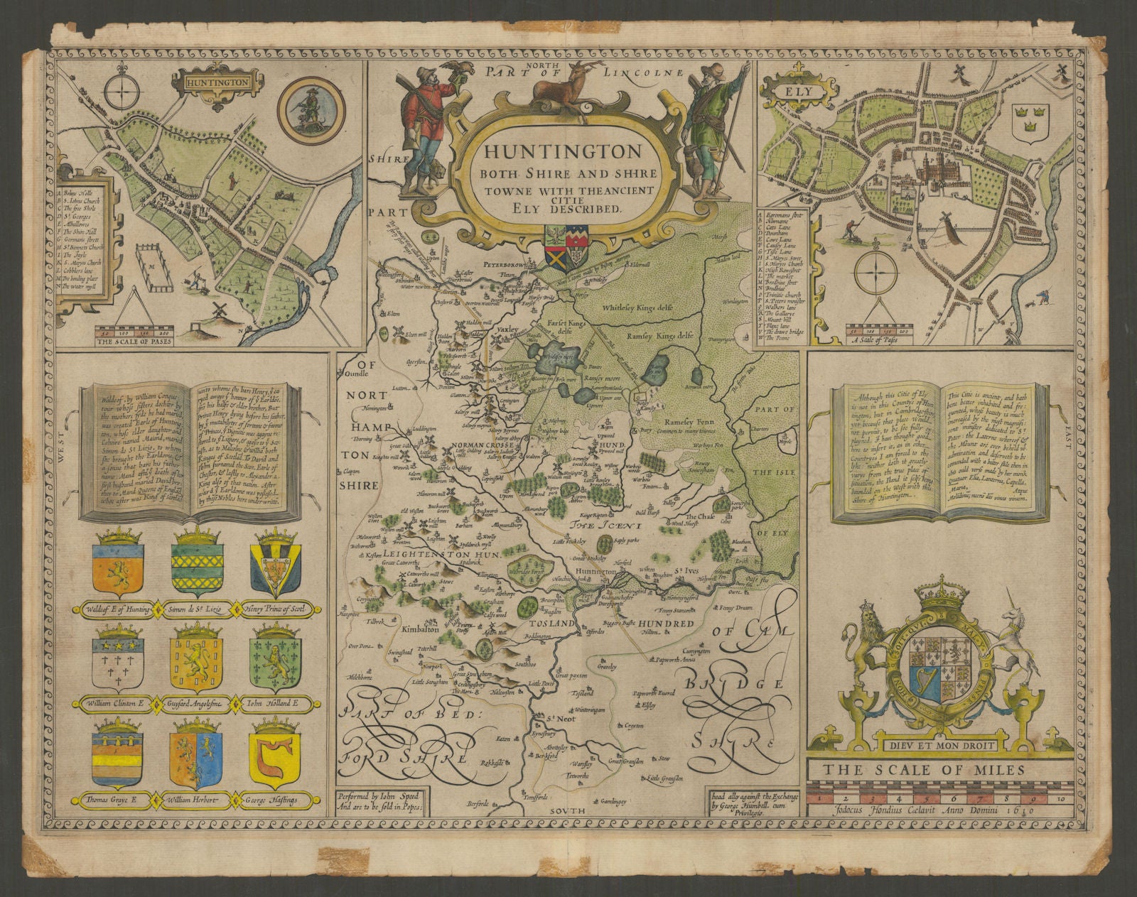 Huntington. Huntingdonshire county map by John Speed. George Humble edition 1611